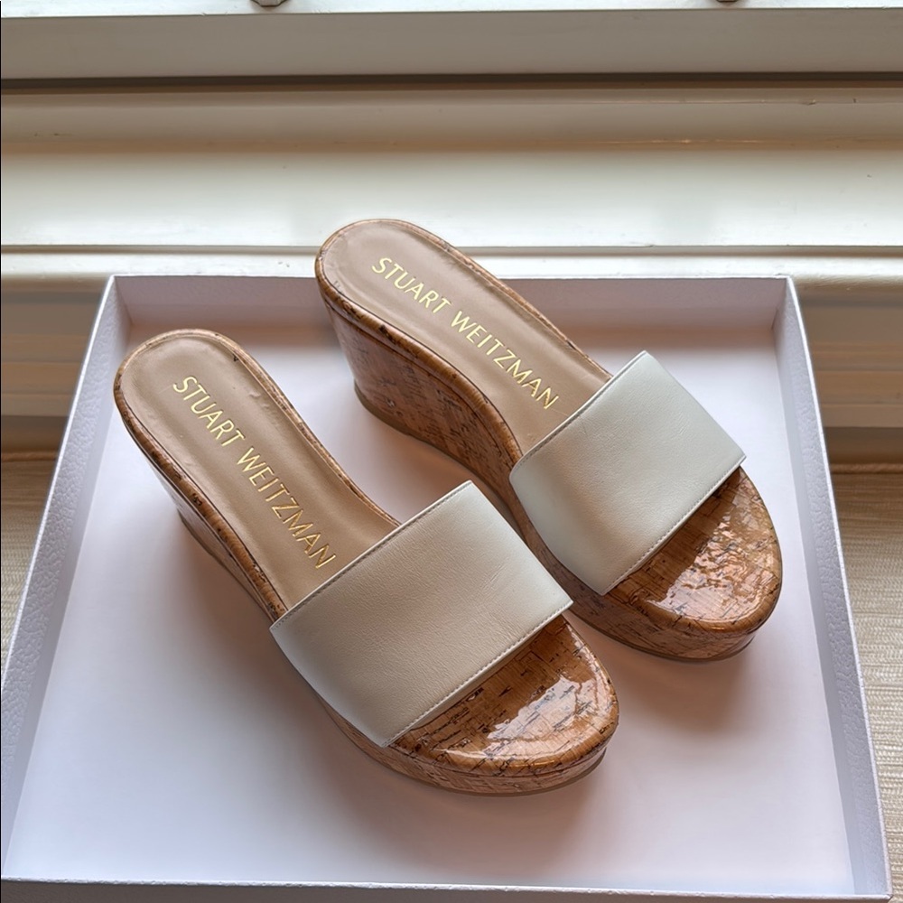 Stuart Weitzman White Wedge Slides